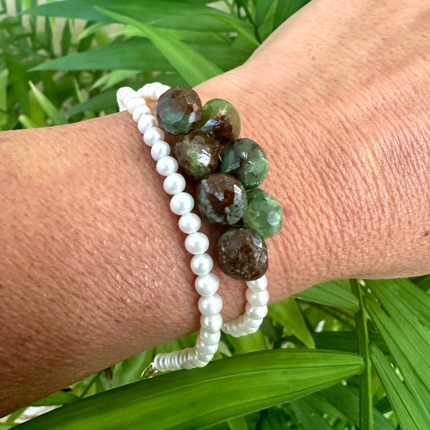 Double Wrap Freshwater Pearl Bracelet with Green Chrysoprase Briolettes, Gold Filled