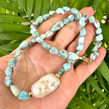 Load image into Gallery viewer, Fall in love with the soothing blues of Larimar and the timeless elegance of baroque pearls! This necklace features dreamy, ocean-inspired Larimar gemstones nuggets, perfectly complemented by the organic beauty of a stunning baroque pearl, 18 inches
