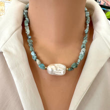 Load image into Gallery viewer, Fall in love with the soothing blues of Larimar and the timeless elegance of baroque pearls! This necklace features dreamy, ocean-inspired Larimar gemstones nuggets, perfectly complemented by the organic beauty of a stunning baroque pearl, 18 inches
