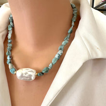 Load image into Gallery viewer, Fall in love with the soothing blues of Larimar and the timeless elegance of baroque pearls! This necklace features dreamy, ocean-inspired Larimar gemstones nuggets, perfectly complemented by the organic beauty of a stunning baroque pearl, 18 inches
