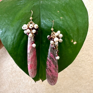 Pink Rhodonite Teardrop Dangle Earrings with Garnet and Pearl Cluster | 14k Gold Filled | 55MM