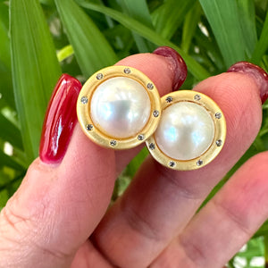 White Edison Mabe Pearl stud earrings with CZ accents in gold vermeil-plated silver, ideal for bridal jewelry and special occasions.