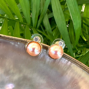 Golden Edison Mabe Pearl stud earrings with 10-11mm pearls, CZ accents, and gold vermeil-plated silver settings, perfect for minimalist and elegant style.