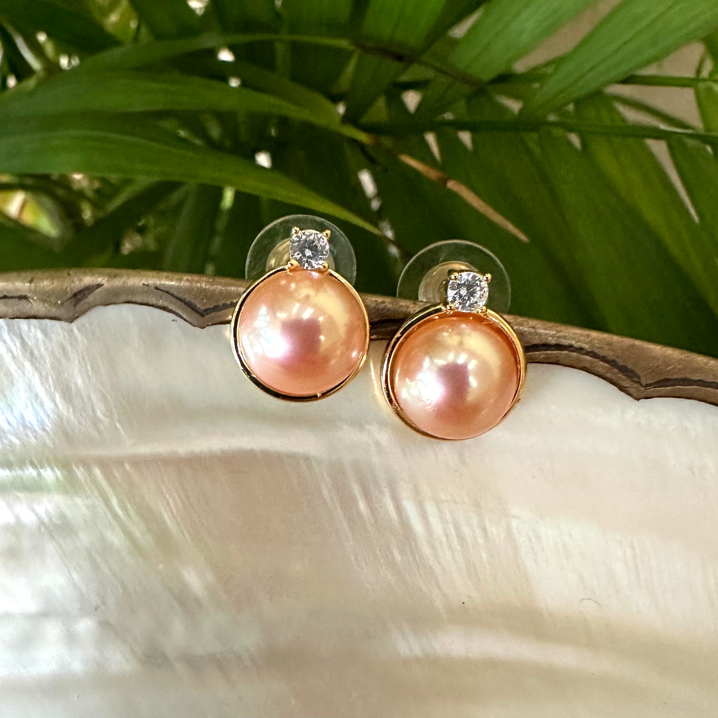 Golden Edison Mabe Pearl stud earrings with 10-11mm pearls, CZ accents, and gold vermeil-plated silver settings, perfect for minimalist and elegant style.