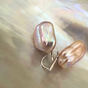 Pinkish Purple Rectangular shaped Oversized Baroque Pearl Drop Earrings, Silver