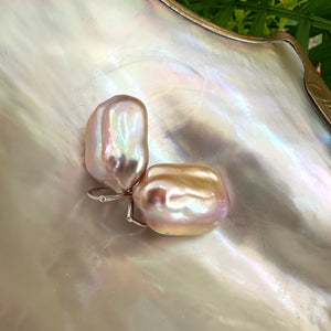 Pinkish Purple Rectangular shaped Oversized Baroque Pearl Drop Earrings, Silver