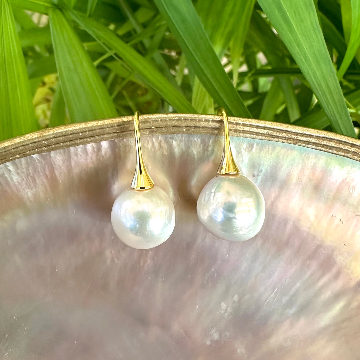 White Edison Pearl Drop Earrings, Gold Vermeil Plated Silver Fish Hooks, Large White Freshwater Pearl Dangle Earrings 12.5mm