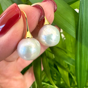 White Edison Pearl Drop Earrings, Gold Vermeil Plated Silver Fish Hooks, Large White Freshwater Pearl Dangle Earrings 12.5mm