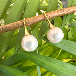 White Edison Pearl Drop Earrings, Gold Vermeil Plated Silver Fish Hooks, Large White Freshwater Pearl Dangle Earrings 12.5mm