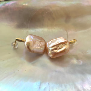 Golden Peach Freshwater Baroque Pearl Drop Earrings, Irregular Rectangular shaped Pearl Earrings, Oversized Pearl Gold Vermeil Stud Earrings