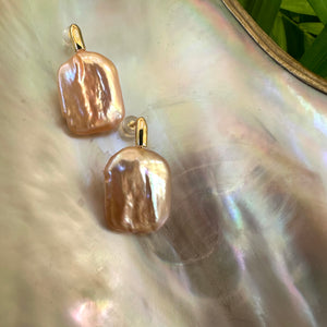 Oversize Golden Peach Rectangular shaped Pearl Drop Earrings, GV