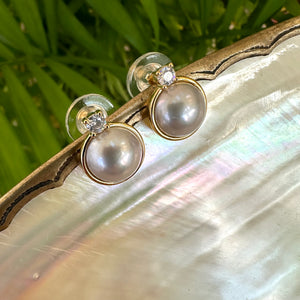 Silver Grey Mabe Edison Pearl Stud Earrings with Cz, Gold Vermeil Plated Silver, Minimalist Jewelry Mabe Pearl Ear Studs