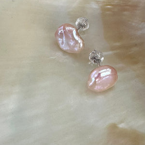 Dainty Pink Keshi Pearl Stud Earrings, Silver