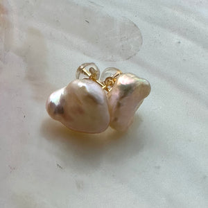 Champagne Keshi Pearl Stud Earrings, Gold Vermeil Plated Silver, Delicate Petal Pearl Earrings