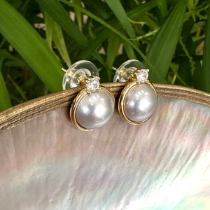 Silver Grey Mabe Edison Pearl Stud Earrings with Cz, Gold Vermeil Plated Silver, Minimalist Jewelry Mabe Pearl Ear Studs