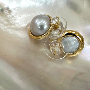 Silver Grey Mabe Edison Pearl Stud Earrings with Cz, Gold Vermeil Plated Silver, Minimalist Jewelry Mabe Pearl Ear Studs