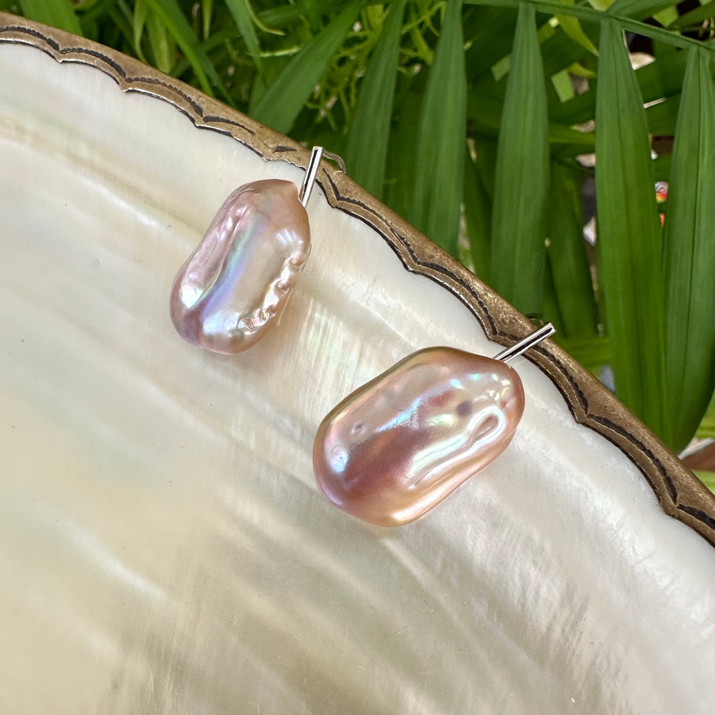 Pinkish Purple Rectangular shaped Oversized Baroque Pearl Drop Earrings, Silver