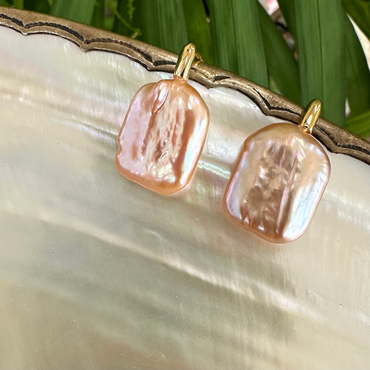 Oversize Golden Peach Rectangular shaped Pearl Drop Earrings, GV