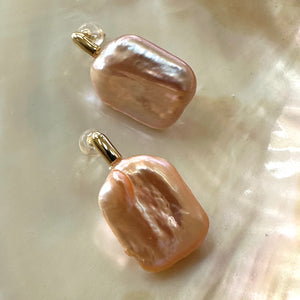 Oversize Golden Peach Rectangular shaped Pearl Drop Earrings, GV