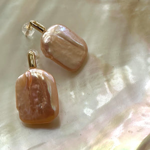 Oversize Golden Peach Rectangular shaped Pearl Drop Earrings, GV