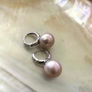 Light Pink Edison Pearl Drop Earrings, White Rhodium Plated Silver Hoop Earrings, Large Edison Freshwater Pearl Earrings 13mm