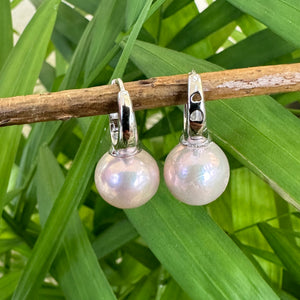 Light Pink Edison Pearl Drop Earrings, White Rhodium Plated Silver Hoop Earrings, Large Edison Freshwater Pearl Earrings 13mm