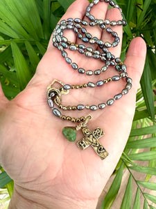 Y Long Pearl Necklace, Hope & Love Cross Necklace, Prasiolite Charm, Religious Jewelry