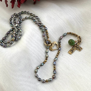 Y Long Pearl Necklace, Hope & Love Cross Necklace, Prasiolite Charm, Religious Jewelry