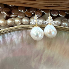 Lade das Bild in den Galerie-Viewer, White Edison Pearl Stud Earrings | Gold Vermeil Plated Silver Ear Posts | Near Round 10-11mm Edison Pearls
