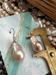 Lavender White Baroque Pearl Drop Earrings with CZ | Sterling Silver Fish Hooks