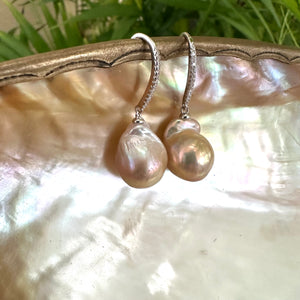 Golden Pink Baroque Pearl Dangle Earrings, Cz Pave Sterling Silver Fish Hooks, 16-35mm