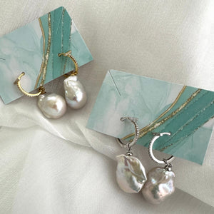 White Baroque Pearl Hoop Earrings in Silver or GV, 20-40mm