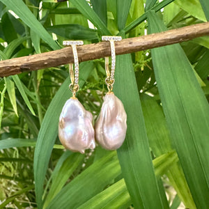 Pink Baroque Pearl Dangle Earrings, Cz Pave Gold Vermeil Plated Sterling Silver Hoops, Light Pink Freshwater Pearl Drop Earrings 24-45mm