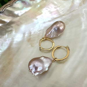 Pink Baroque Pearl Dangle Earrings, Cz Pave Gold Vermeil Plated Sterling Silver Hoops, Light Pink Freshwater Pearl Drop Earrings 24-45mm