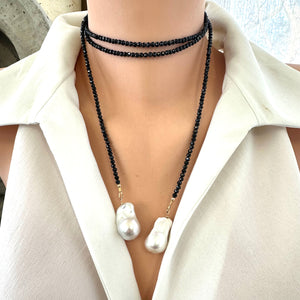 Single Strand of Black Spinel Beads & Two Baroque Pearl Lariat Wrap Necklace, 44”inches