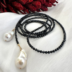 Black Spinel Beads & Two Baroque Pearl Lariat Wrap Necklace, 46”