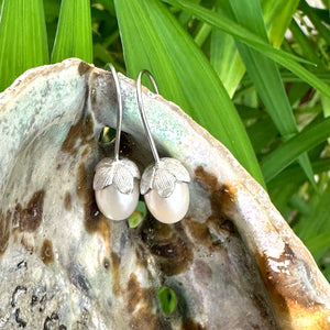 Freshwater White Rice Pearl Tulip Earrings, GV or Silver