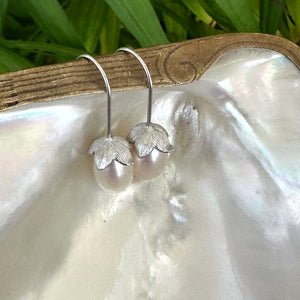 Freshwater White Rice Pearl Tulip Earrings, GV or Silver