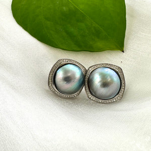 Peacock Light Grey Mabe Pearl Stud Earrings, Silver