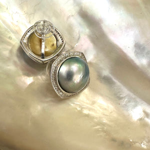 Peacock Light Grey Mabe Pearl Stud Earrings, Silver