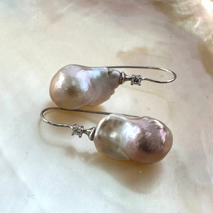 Lavender White Baroque Pearl Drop Earrings with CZ | Sterling Silver Fish Hooks