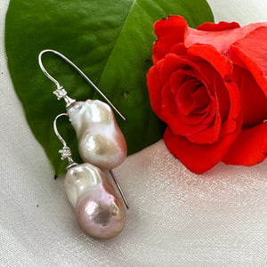 Lavender White Baroque Pearl Drop Earrings, Silver