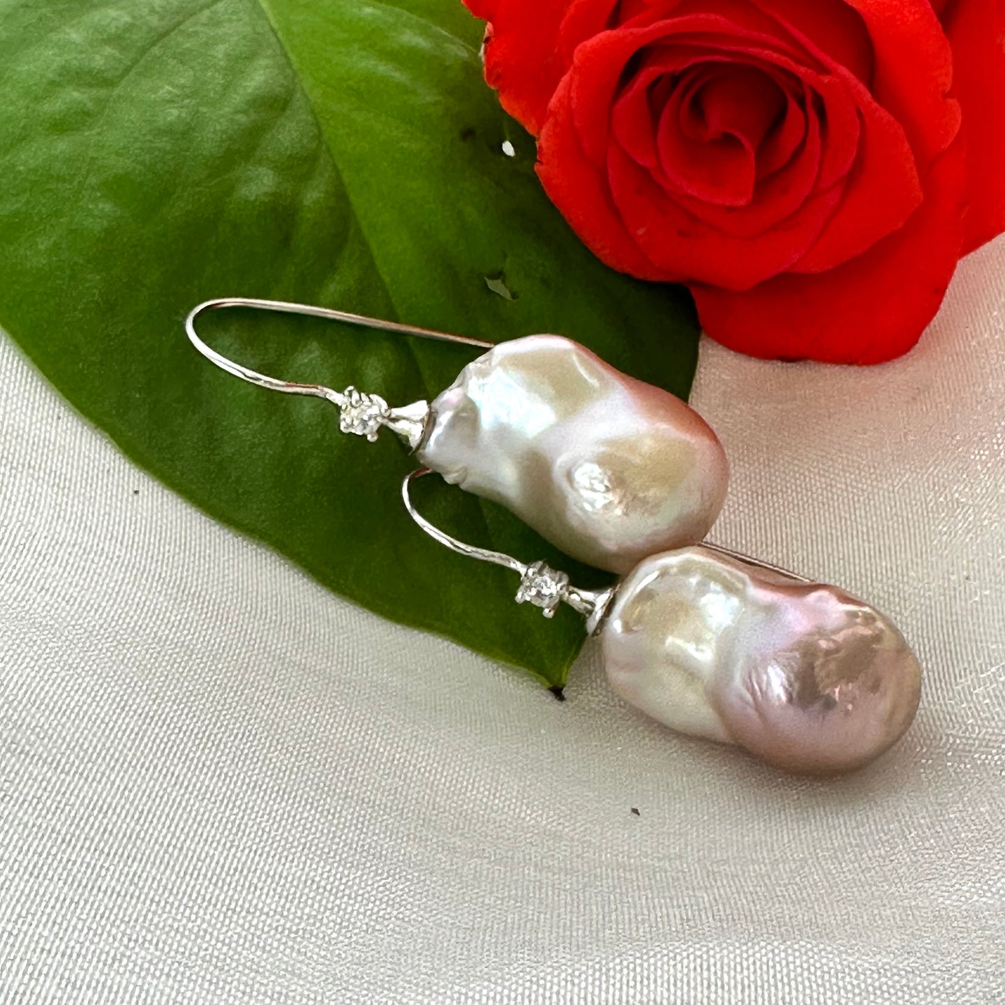 Lavender White Baroque Pearl Drop Earrings, Silver