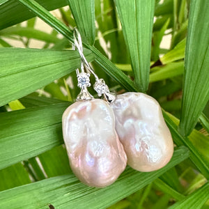 Lavender White Baroque Pearl Drop Earrings, Silver