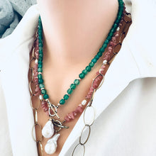 Load image into Gallery viewer, Rhodochrosite Beaded Necklace w Natural Pearls and Gold Bronze Artisan Toggle Clasp &amp; Details
