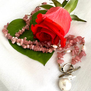 Rhodochrosite Beaded Necklace w Natural Pearls and Gold Bronze Artisan Toggle Clasp & Details