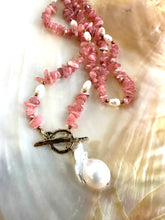 Load image into Gallery viewer, Rhodochrosite Beaded Necklace w Natural Pearls and Gold Bronze Artisan Toggle Clasp &amp; Details
