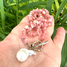 Load image into Gallery viewer, Rhodochrosite Beaded Necklace w Natural Pearls and Gold Bronze Artisan Toggle Clasp &amp; Details
