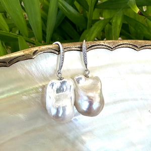 Large White Baroque Pearl Dangle Earrings, Cz Pave Sterling Silver Fish Hooks, 20-40mm, Bridal Jewelry