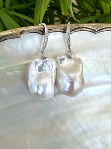 Large White Baroque Pearl Dangle Earrings, Cz Pave Sterling Silver Fish Hooks, 20-40mm, Bridal Jewelry